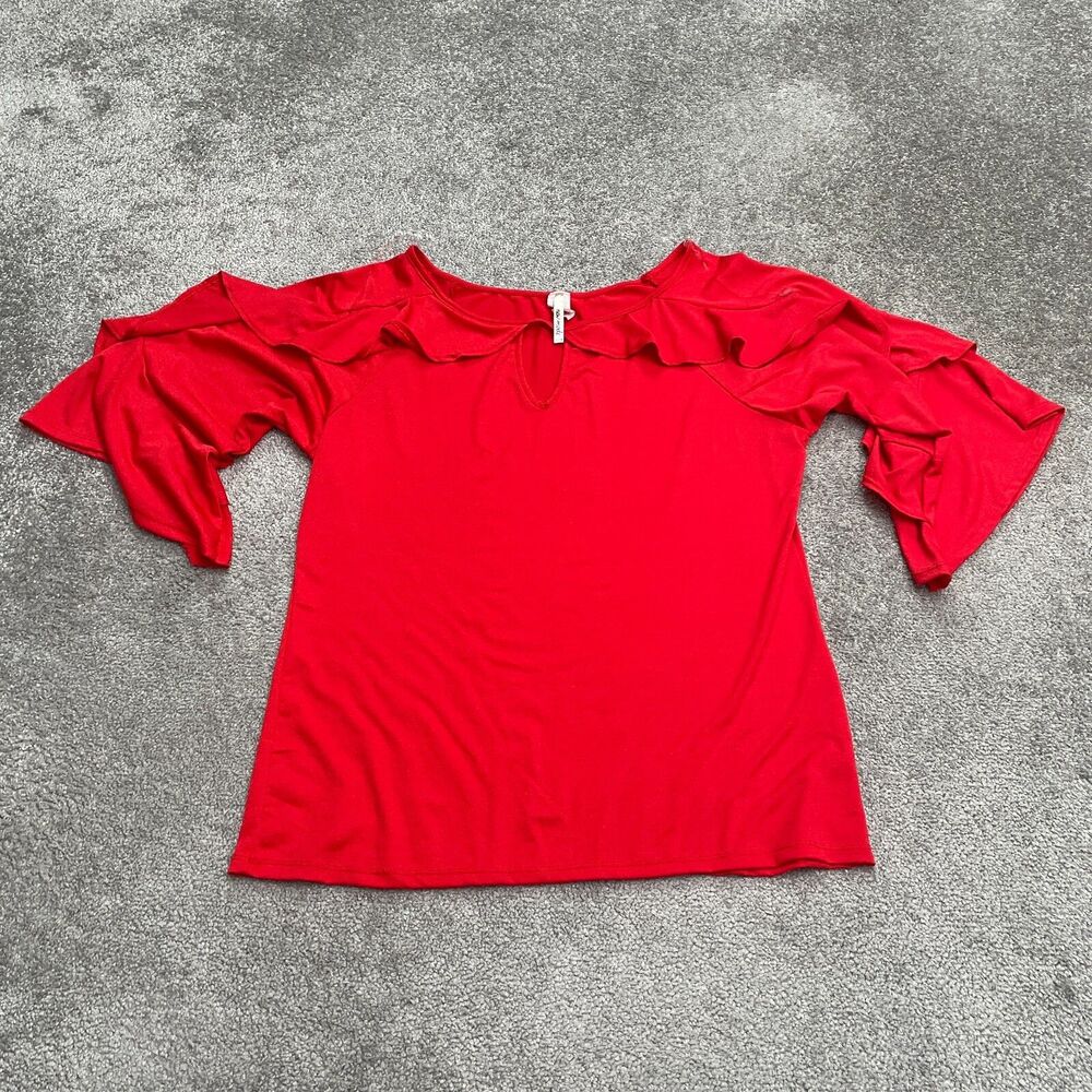New Mode Ruffle Keyhole Top Womens 2XL Red Bell Sleeve Boat Neck Casual Stretch